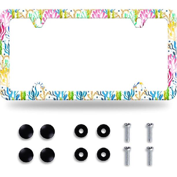 Daisy Flower License Plate Frame Beautiful Floral License Plate Stainless Steel Auto Parts Funny License Plate Decorative With Screws Size 12.3" X