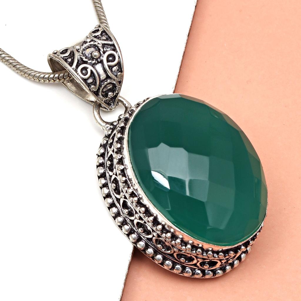 Green Onyx Gemstone Mother's Day Handmade Silver Jewelry Pendant  1.75"