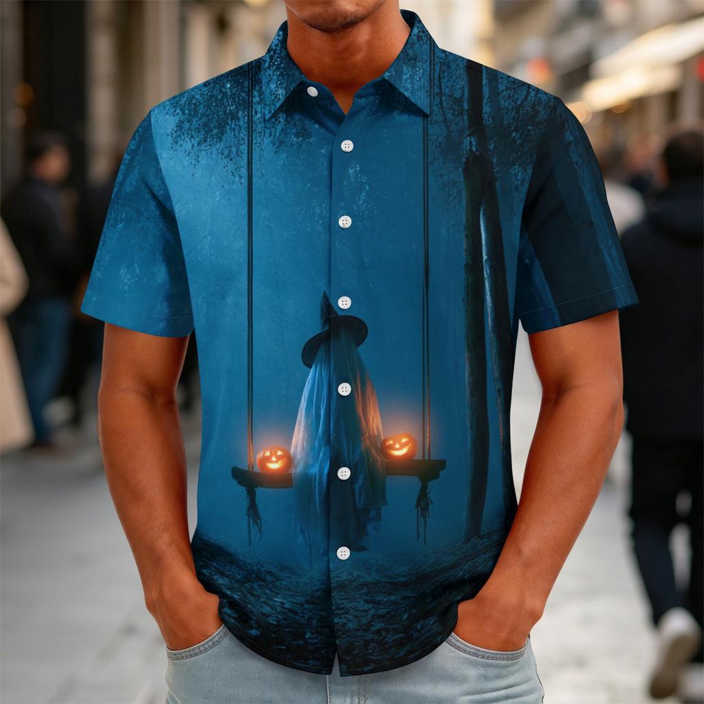 Herren Halloween Bedrucktes Vintage Textur Hemd Locker Atmungsaktiv Kurzarm Knopfleiste Lässiges Streetwear Oberteil für den täglichen Gebrauch