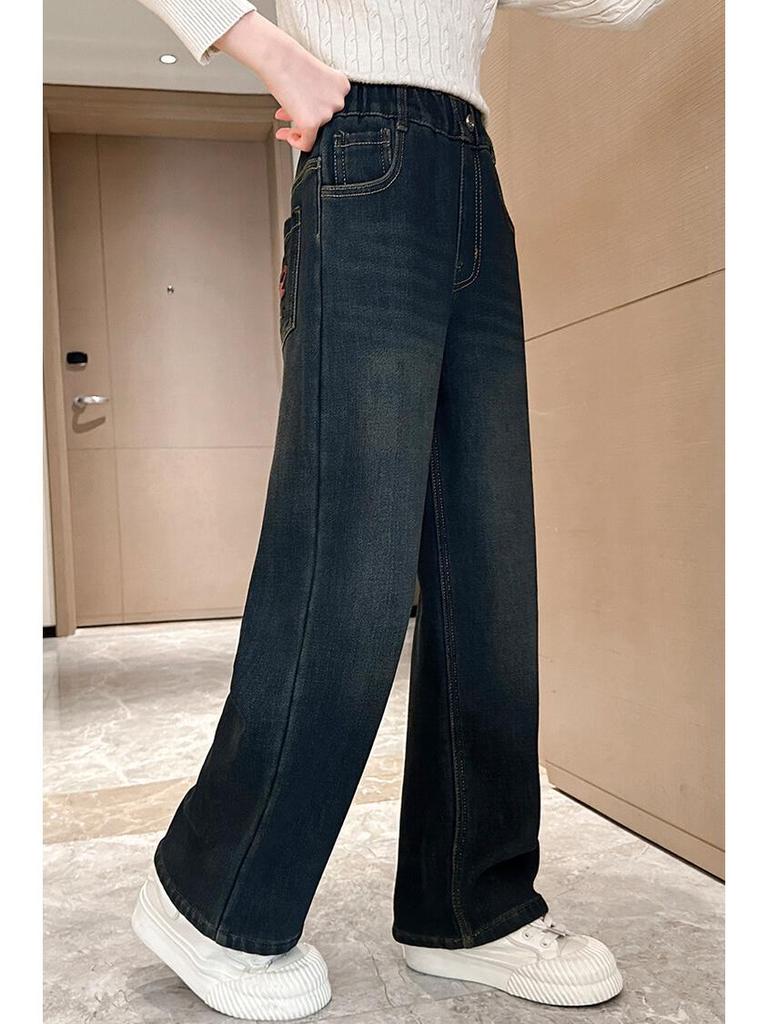 Girls' Plush Velvet Wide-Leg Jeans - Autumn/Winter 2025 Collection