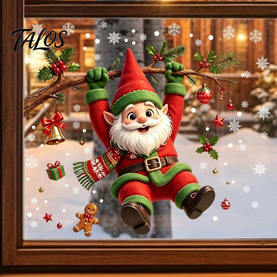 Christmas Glass Stickers Cute Gnome Static Window Cling, Removable Decal with Holly Bell Decals Gingerbread Snowflake, Holiday Decor for Home