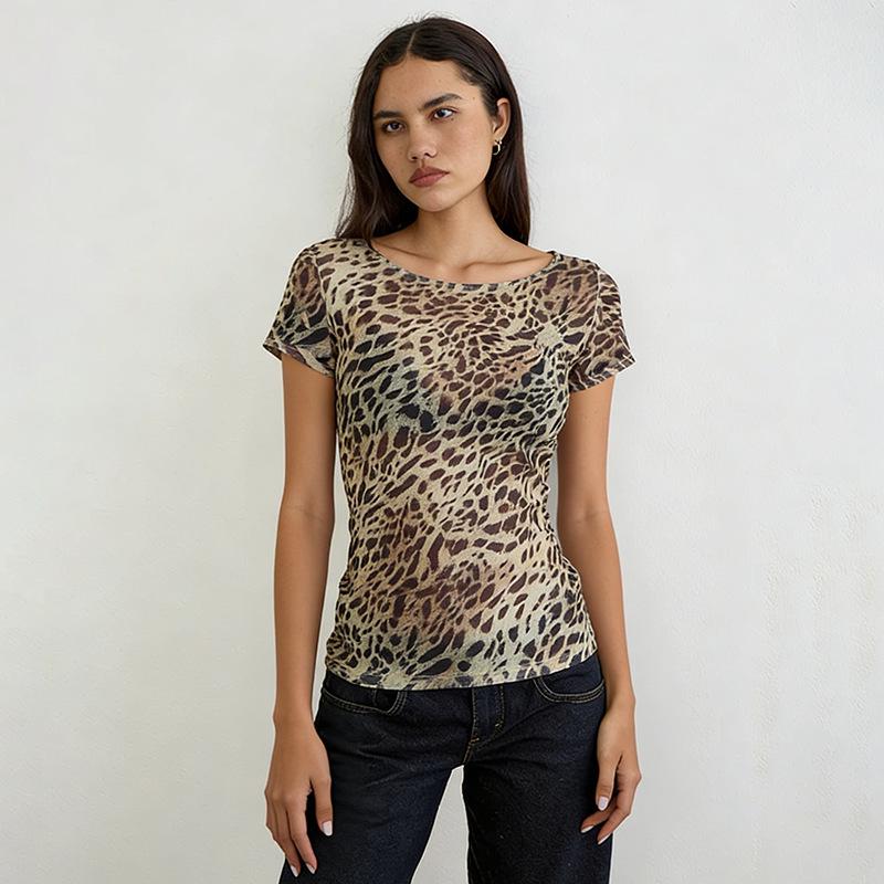 Off-Shoulder Floral Animal Print Slimming T-Shirt for Summer and Autumn