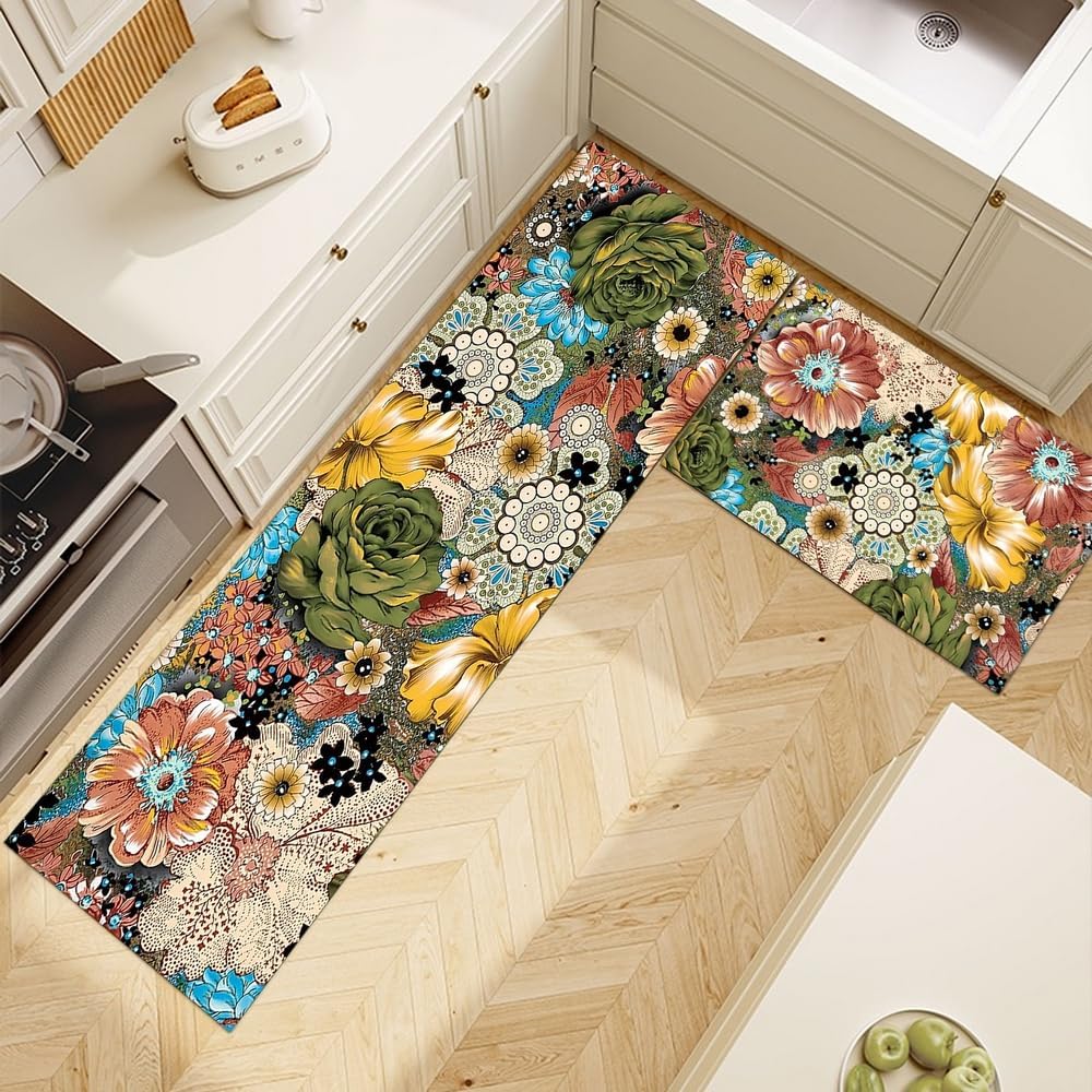 2pc Vintage Kitchen Floor Mat Boho Floral Entrance Area Doormat Home Decor Non-Slip Long Strip Crystal Velvet Carpet