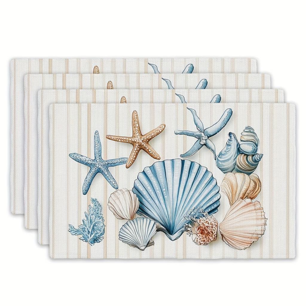 4/6pcs Shell Starfish Ocean Spring Summer Placemats, Rectangular Table Mats 12 X 18 Inches with Shell and Starfish Theme, Perfect for Kitchen Dining