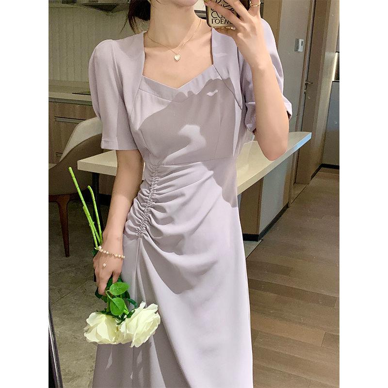 Vestido de verano de Color liso, elegante, con cuello cuadrado, cintura plisada, ajustado, manga de burbuja, vestido de moda