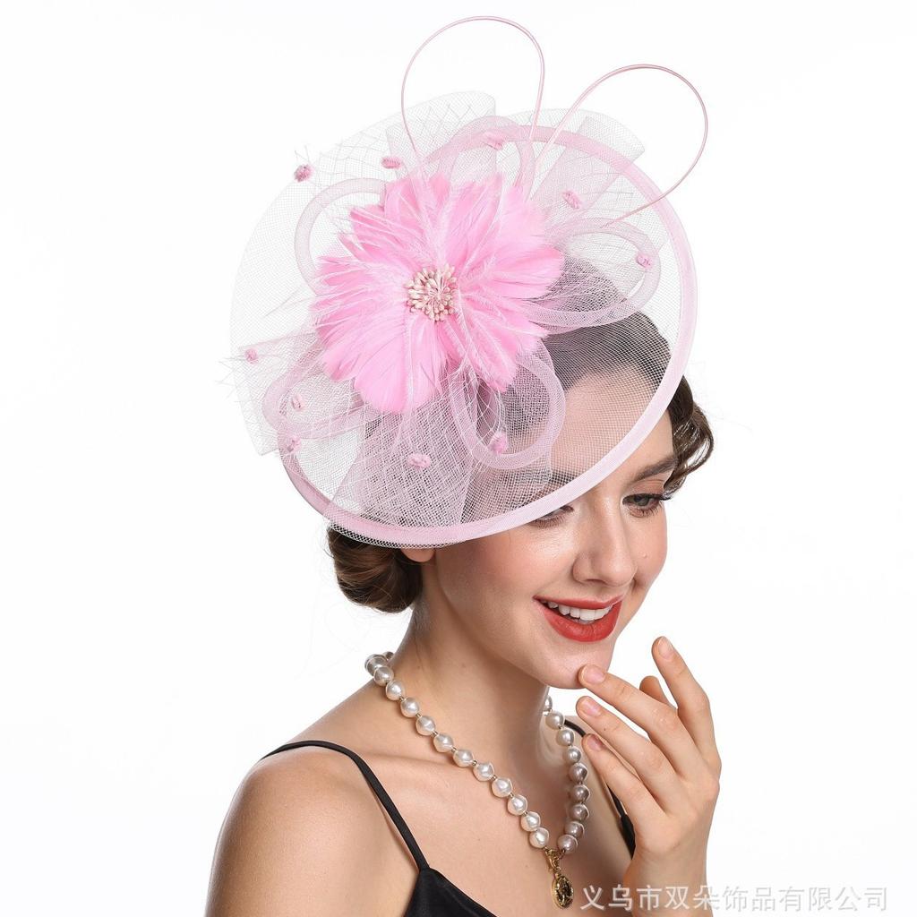 Popular European and American bridal headgear retro mesh top hat feather hair accessories headgear horse racing festival mesh headgear