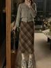 Plus Size Women's Brown Retro Plaid Woolen A-line Skirt for Autumn/Winter