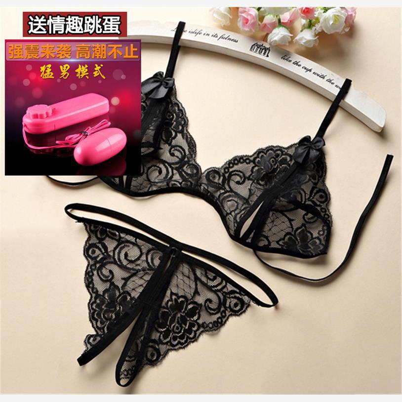 Open crotch free three-point two-piece set erotic lace underwear panties female sexy passion thong