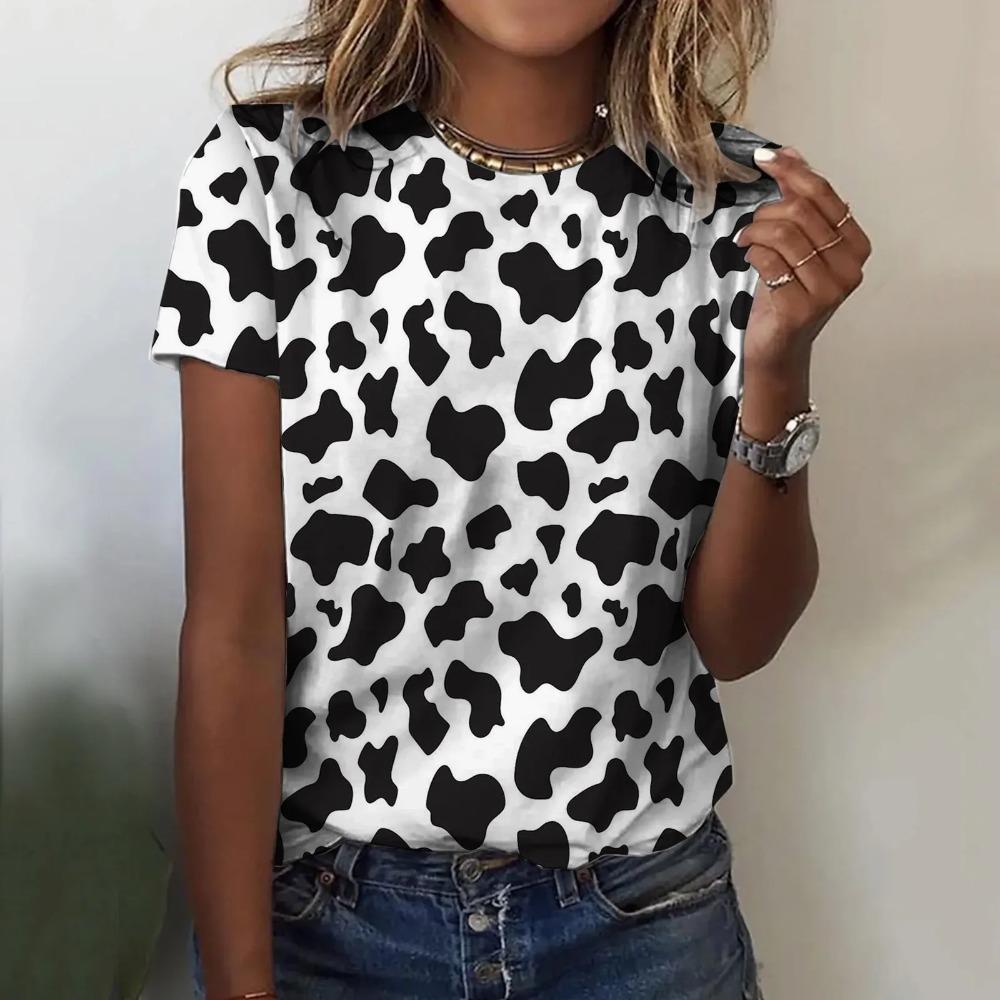 Fashion Women's Printed Basic Shirt Round Neck Short Sleeve High Neck Fashion T-shirt Polyester Fiber Round Neck Short Sleeve