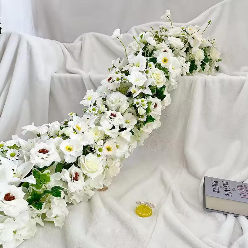 Uflower Atficial White Flower Row Runner Elegant Artificial Center Stage Background for Wedding Party Home Decoration