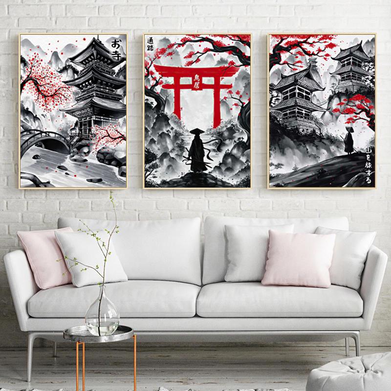 Landscape Canvas Painting Black And Red Posters Vintage Ink Art Wall Prints For Living Room Home 3pcs Frameless Japanese Natural