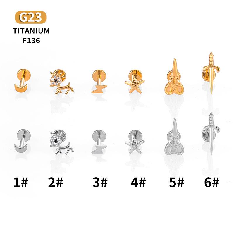 F136 Titanium Alloy Moon, Lightning, Deer & Star Lip and Ear Cartilage Stud Earrings for Body Piercing.