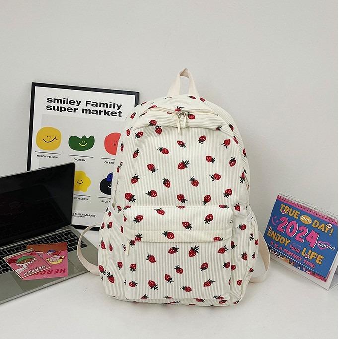 Schoolbag Strawberry Corduroy Backpack Small Fresh College Student Women's School Bag Fashion Casual Versatile Backpack Cute Bag