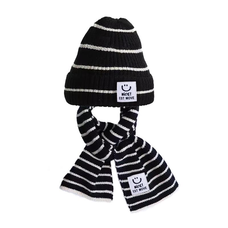 

Children s hats, scarves, two-piece sets for boys and girls, winter striped wool, warm baby knitted pullover, ear protection hat tide