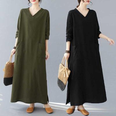 Retro Cotton and Linen V-neck Loose Long Sleeved Dress