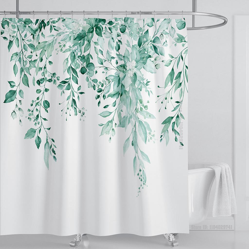 Emerald Green Eucalyptus Shower Curtain Fabric, Watercolor Plant Leaves with Floral Bathroom Shower Curtain Set with Hooks