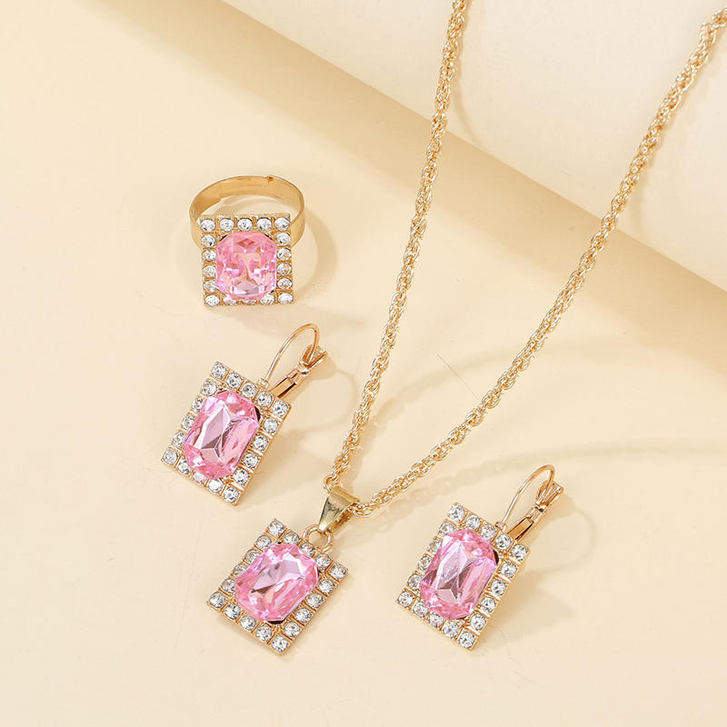 Necklace Earring Ring Three Piece Set Women's Water Droplet Heart-shaped Rhinestone Sets Fashionable Bridal Accessory