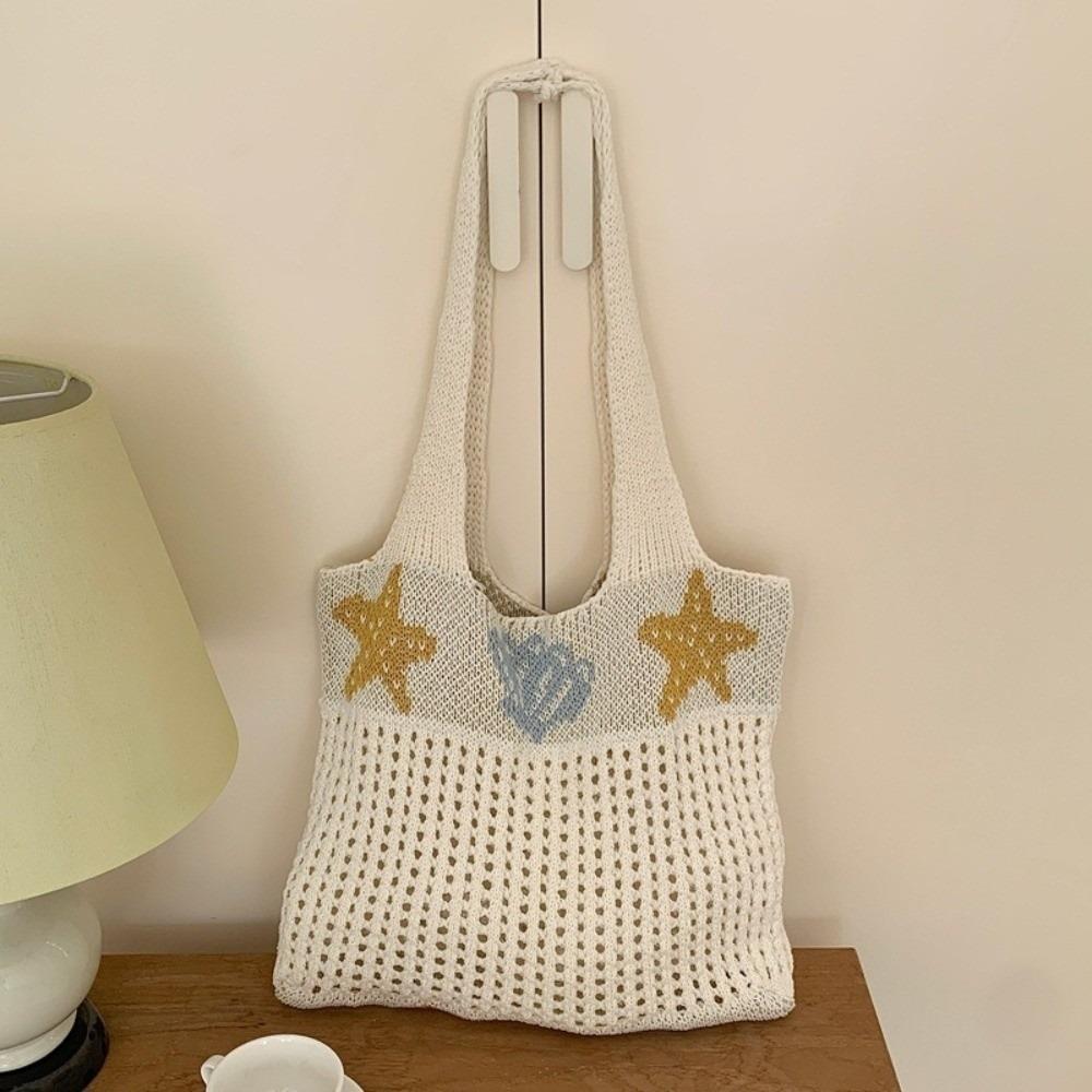 Simple Style Crochet Texture Women Handbag Bohemian Hollow Knitted Crochet Bag Lightweight Large Capacity Tote Bag Women Fashion бежевый