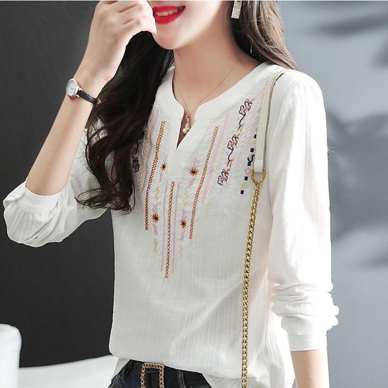 White Long Sleeved Shirt Women's Spring and Autumn Loose Embroidered Ethnic Style Versatile V-neck Top