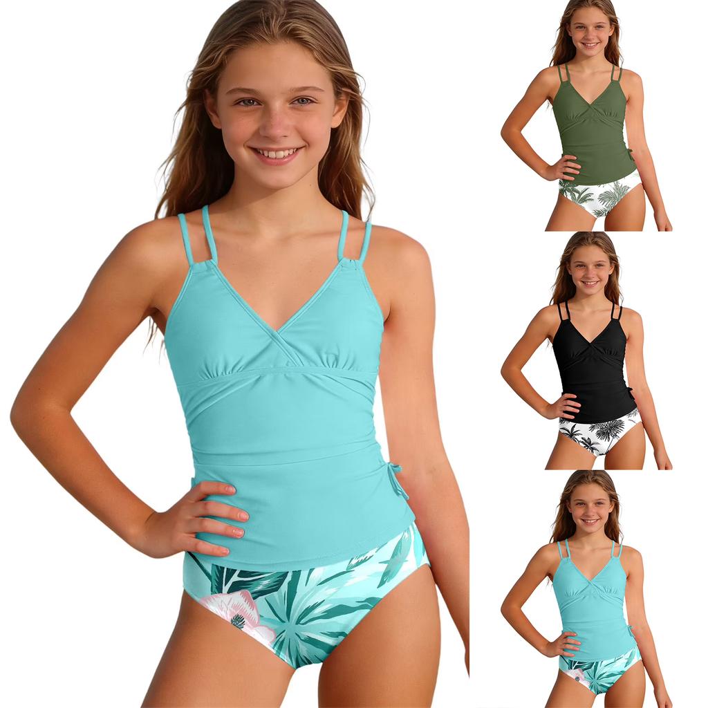 Girls Two Piece Swimsuit Tankini Set Adjustable Straps Palm Leaf Print Bottoms Summer Beach Swimwear for Kids