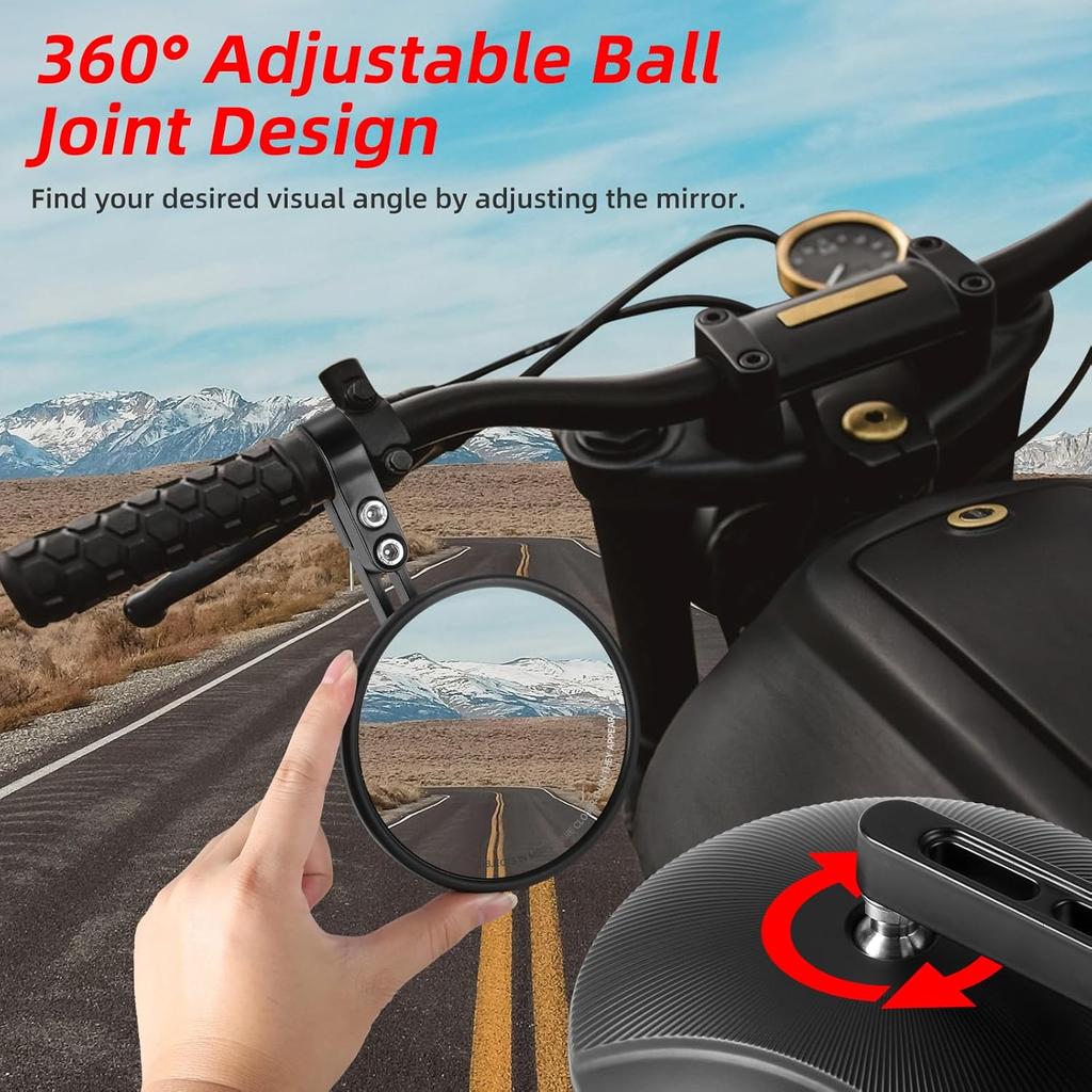 Motorcycle Mirrors for Handlebars, CNC Round Motorcycle Bar end Mirrors for 22 and 25.4mm Handlebar Compatible with Most Motorcycles, E-bike,