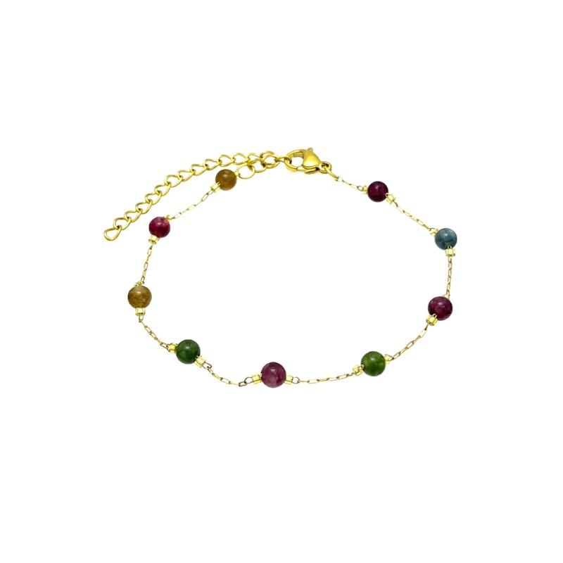 Gold Natural Stone Beaded Bracelet – Dainty Pastel Crystal Chain Jewelry, Boho Minimalist Gift for Women