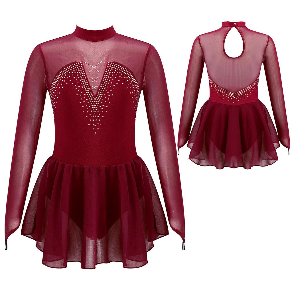 Dziewczęca Błyszcząca Sukienka do Łyżwiarstwa z Długim Rękawem, Okrągłym Dekoltem, Odkrytymi Plecami, Dżetowym Meshowym Wstawkami, Trykot do Tańca Baletowego