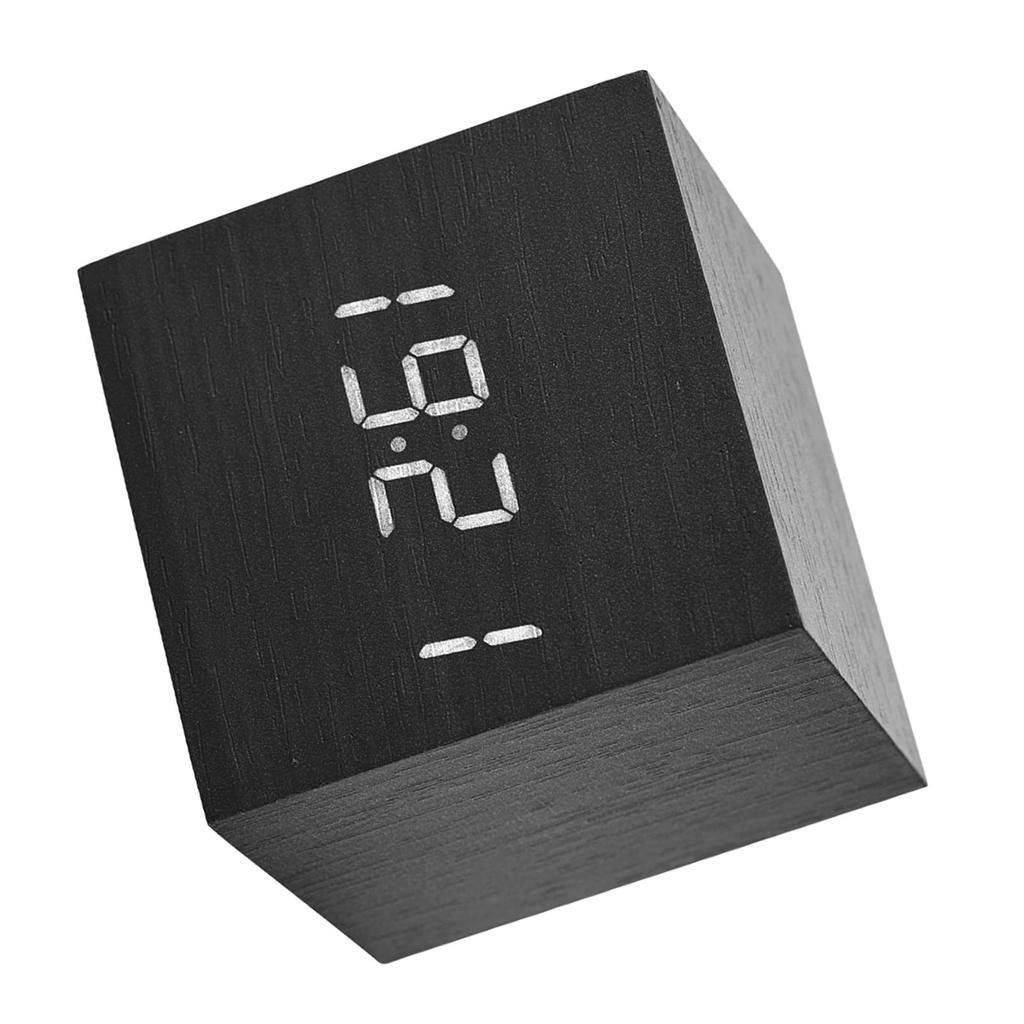Wooden Digital Alarm Clock with Temperature LED Display and Voice Control for Home and Office (Black Wood + White Light)