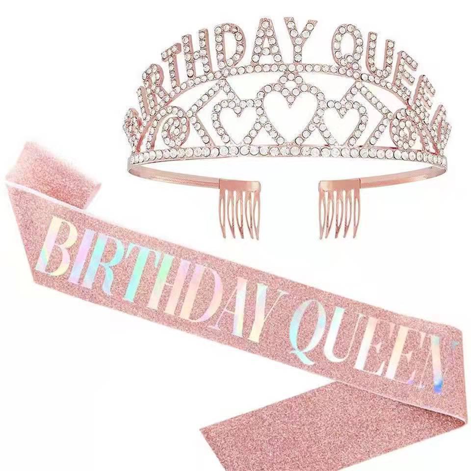 Rhinestone Birthday Queen Crown & Princess Sash Headpiece