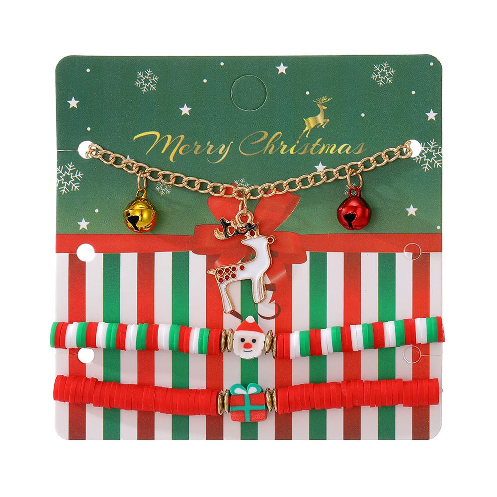 European & American Christmas Tree Clay Bracelet Set: 3-Piece Fashion with Reindeer & Snowflake Designs