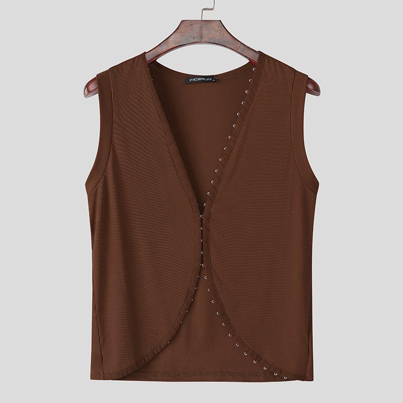 

INCERUN Summer Men V Neck Sleeveless Buttons Irregular Casual Slim Rib Tank Tops L