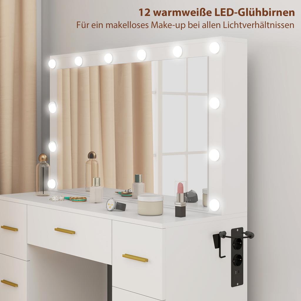 Tualetinis staliukas su veidrodžiu ir 12 LED šviesų, Makiažo staliukas su 7 stalčiais, 6 paslėptomis saugojimo vietomis, Medžio drožlių plokštė, Baltas