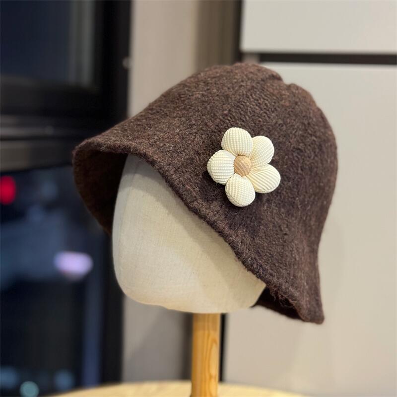 Flower Knitted Versatile Bucket Hat Women Autumn and Winter Show Washbasin Hat Big Head Circumference Warm Bucket Hat Tide