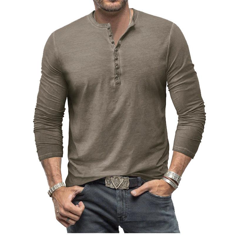 Herren Unifarbenes Henley-Shirt Langarm Lässig Knopfleiste Oberteil