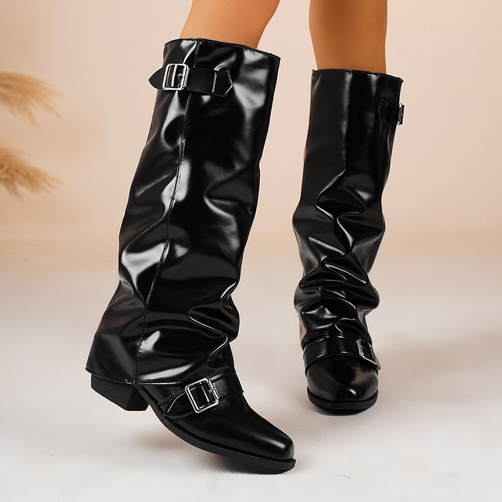 Fashion Vintage Knee High Boots Thick Heeled Woman Long Boots Shoes 2025 Spring Autumn Ladies Leather Elegant Belt Buckle Knight Botas