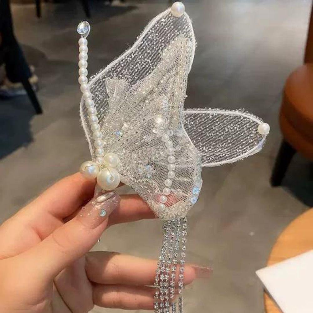 Beaded Butterfly Hair Clips Large Duckbill Clips Elegant Pearl Barrettes Headwear
