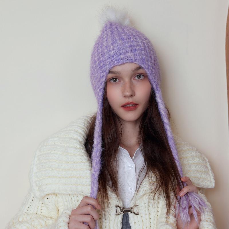 

Wool braid fringed hairball knitted wool ear hat winter fashion warm versatile woman лаванды фиолетового