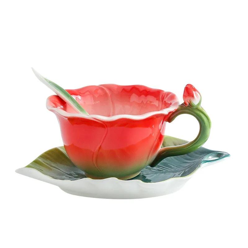 European Creative Flower Mug Couples Afternoon Tea Ceramic Coffee Cup Set Office Kungfu Tea Set Home Drinking Set Friend Gift