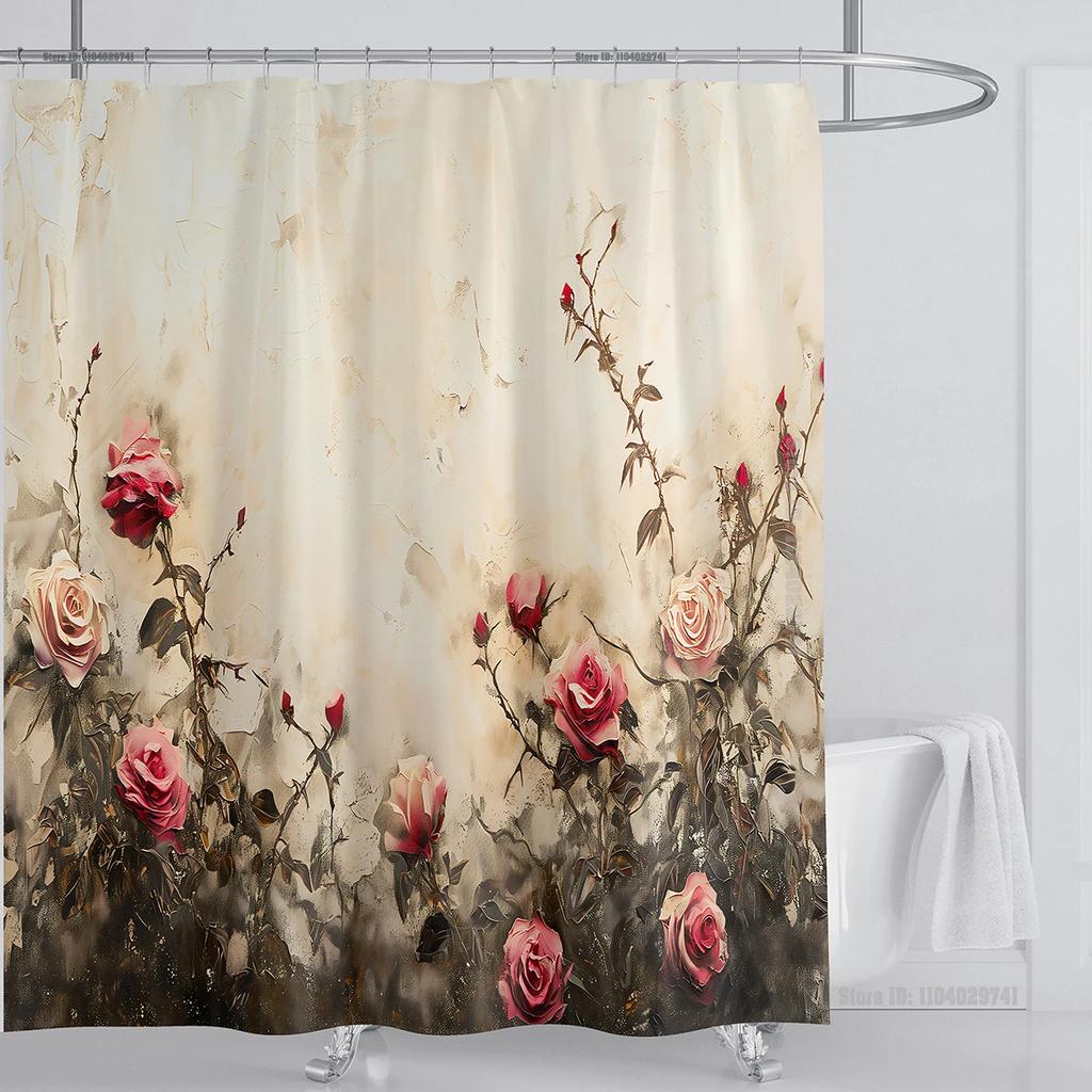 Rose Flower Shower Curtain Waterproof Shower Curtain Polyester Fabric 3D Printed Curtain Bathroom Decoration With Hook
