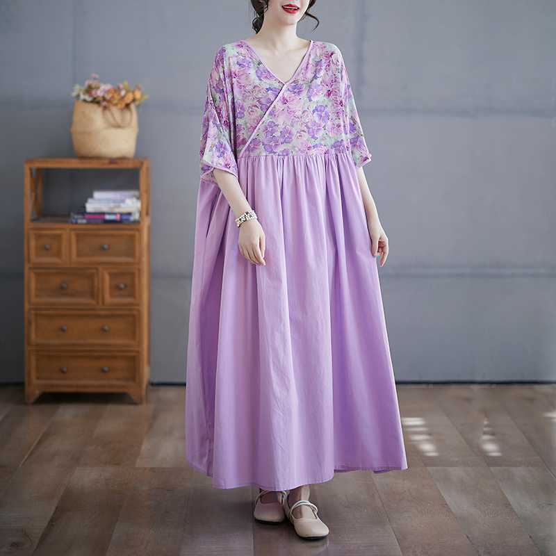 Cotton and Linen Summer Patchwork Retro Style Dress Long Skirt
