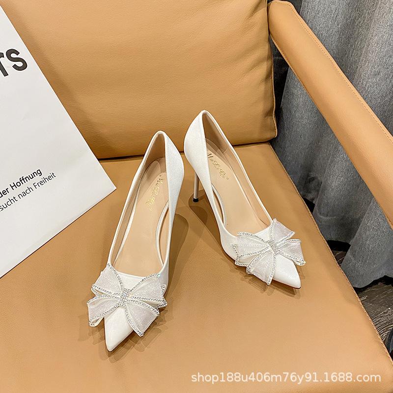 French High Heels Women's 2025 New Temperament Versatile Pointed Fairy Bow Satin Rhinestone Stiletto Shoes