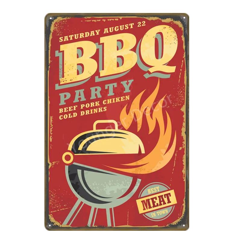 BBQ Steak House Grill Party Vintage Poster Wall Decor For Bar Pub Kitchen Home Plate Barbecue Metal Signs Painting Plaque YJ187