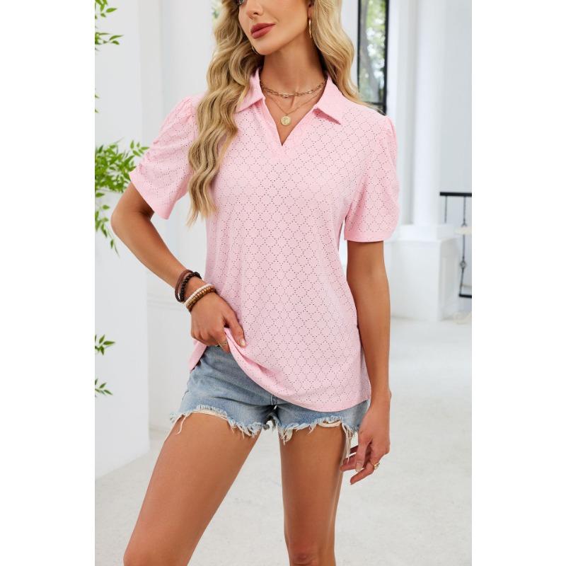European and American cross-border foreign trade women's summer new V-neck T-shirt puff sleeve loose POLO shirt top