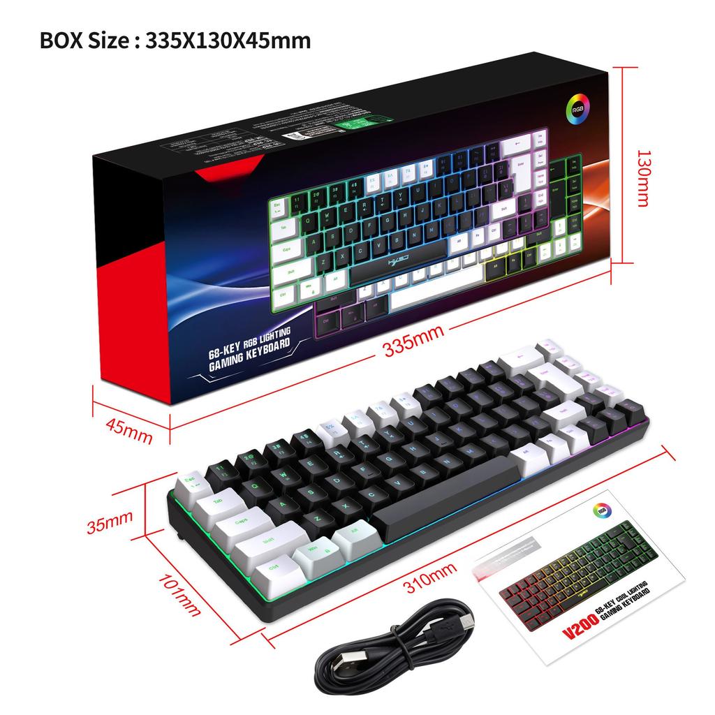 Game Keyboard 68-key Three-color Matching Keycap Key-line Separation RGB Backlit Membrane Keyboard