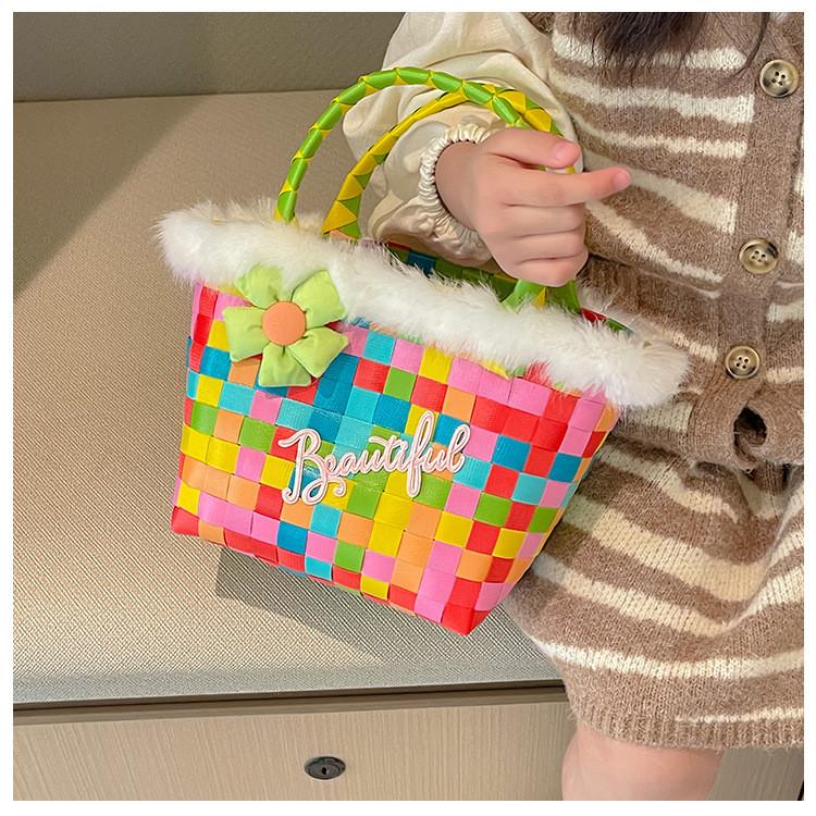 Stylish Children's Woven Handbag Colorful Crochet Tote Bag For Girls With Floral Design