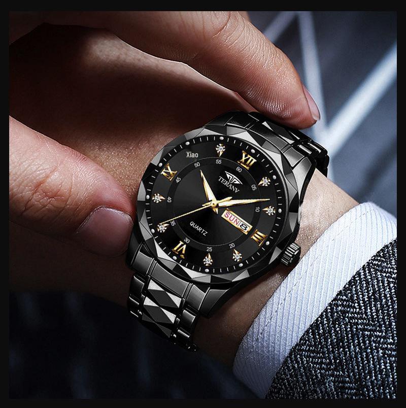 Men's Luminous Waterproof Quartz Watch with English-Chinese Calendar and Rhombus Case
