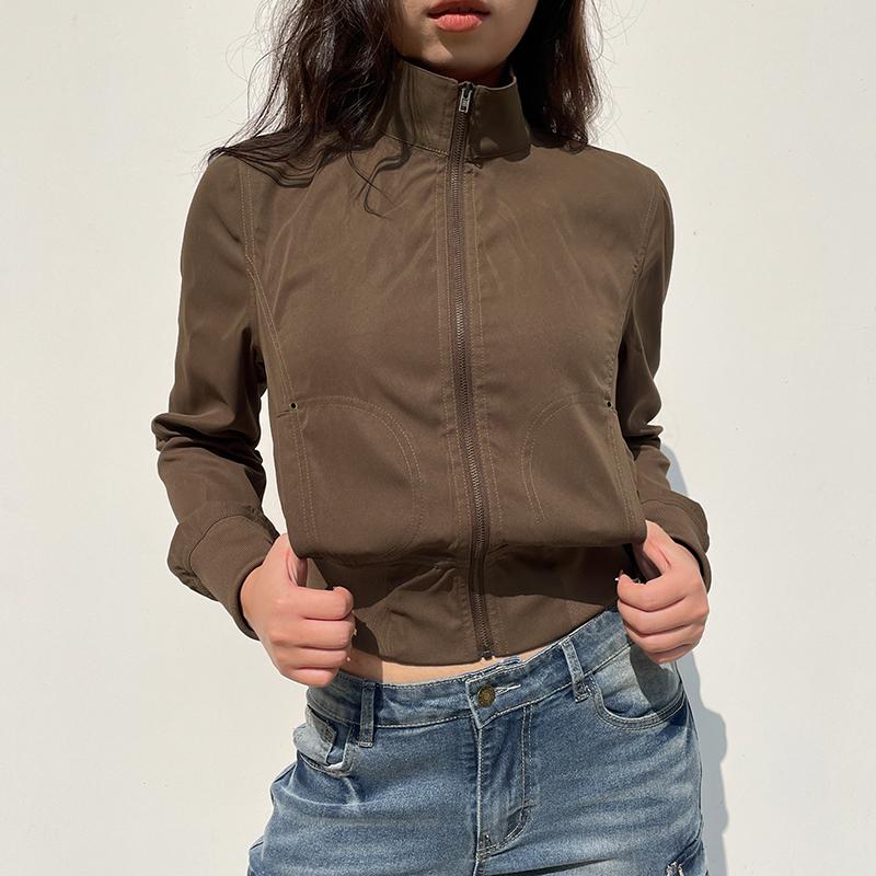 VAYLA Vintage Cropped Jackets Women Stand Collar Solid Color Casual Coats Slim Pocket Zip Up Harajuku Safari Style Outwear