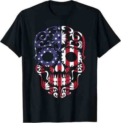 Patriotic America USA Flag Dia De Los Muertos Sugar Skull T-Shirt