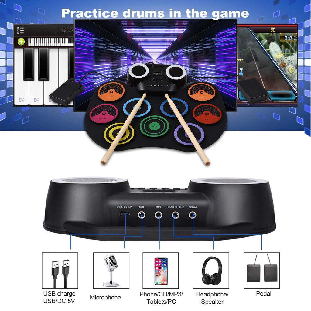 Electric Drum Set Portable Drum Pad Kit 9 Pads Built-in Speaker LED Display Screen Monitoring with