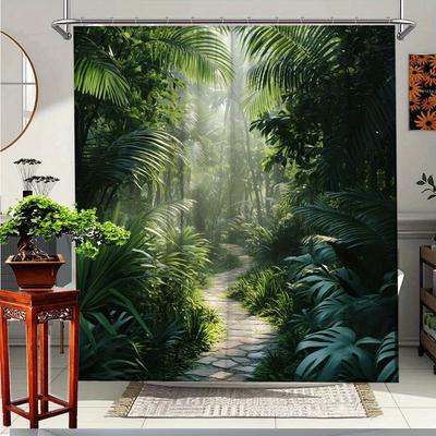1 Pièce Rideau de Douche Nature Tropicale - Design Végétation Luxuriante Vibrante & Sentier Ensoleillé, Tissu Polyester Durable 70,8X70,8 Pouces